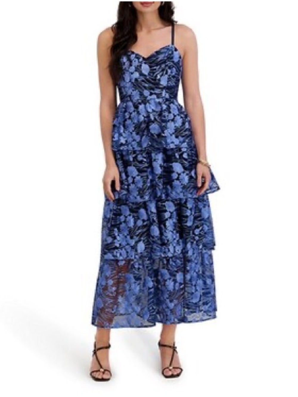 Blue Floral Tiered Maxi Dress with Spaghetti Straps